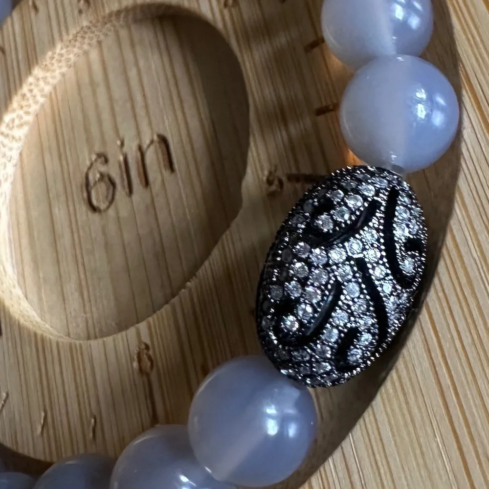 Polished 8mm Chalcedony Stretch Bracelet w/ Jet Crystal Pave Filigree Spacer